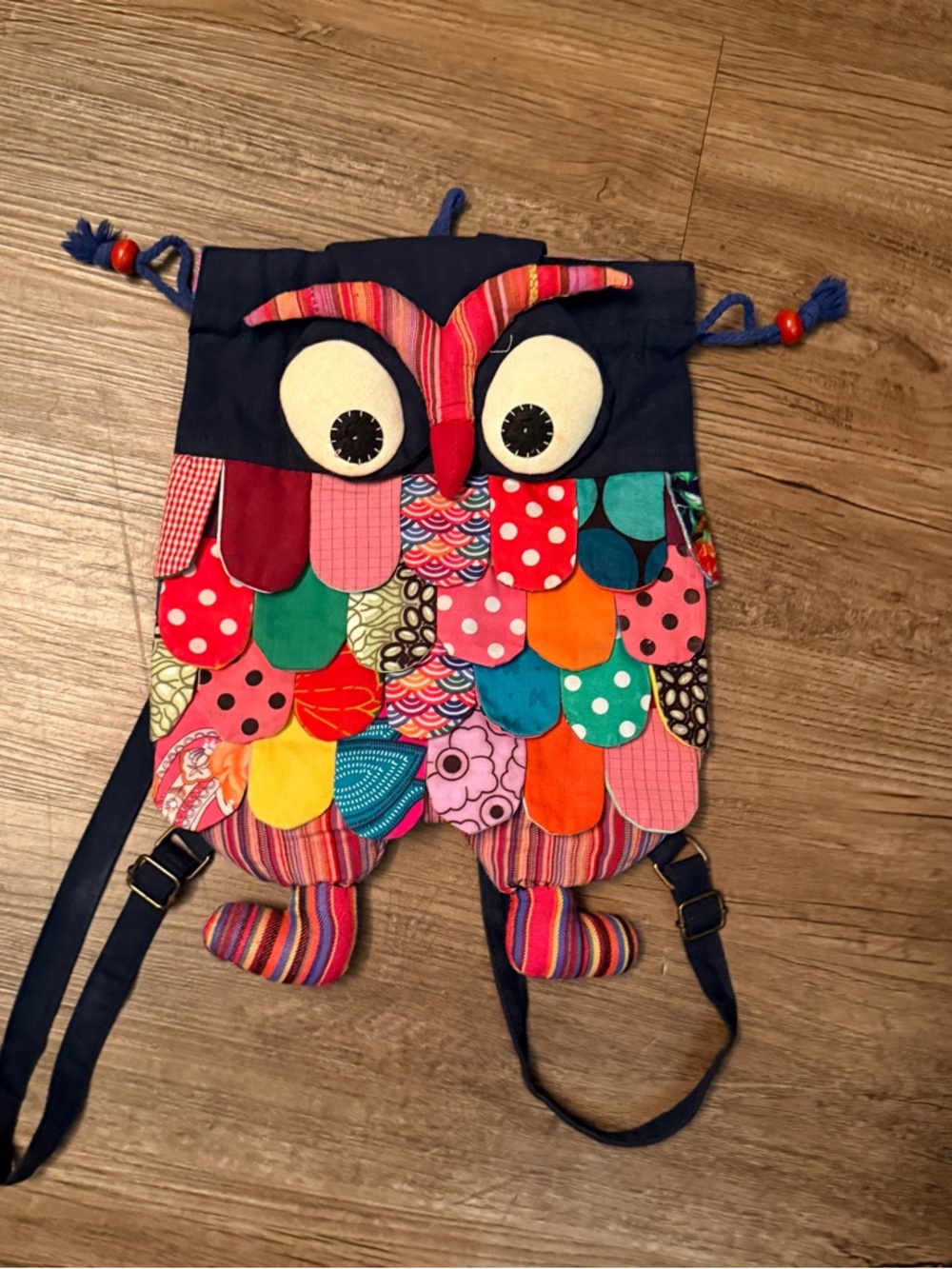 Handmade Multicolor Owl Drawstring Backpack - Colorful Patchwork - Picture 3 of 3